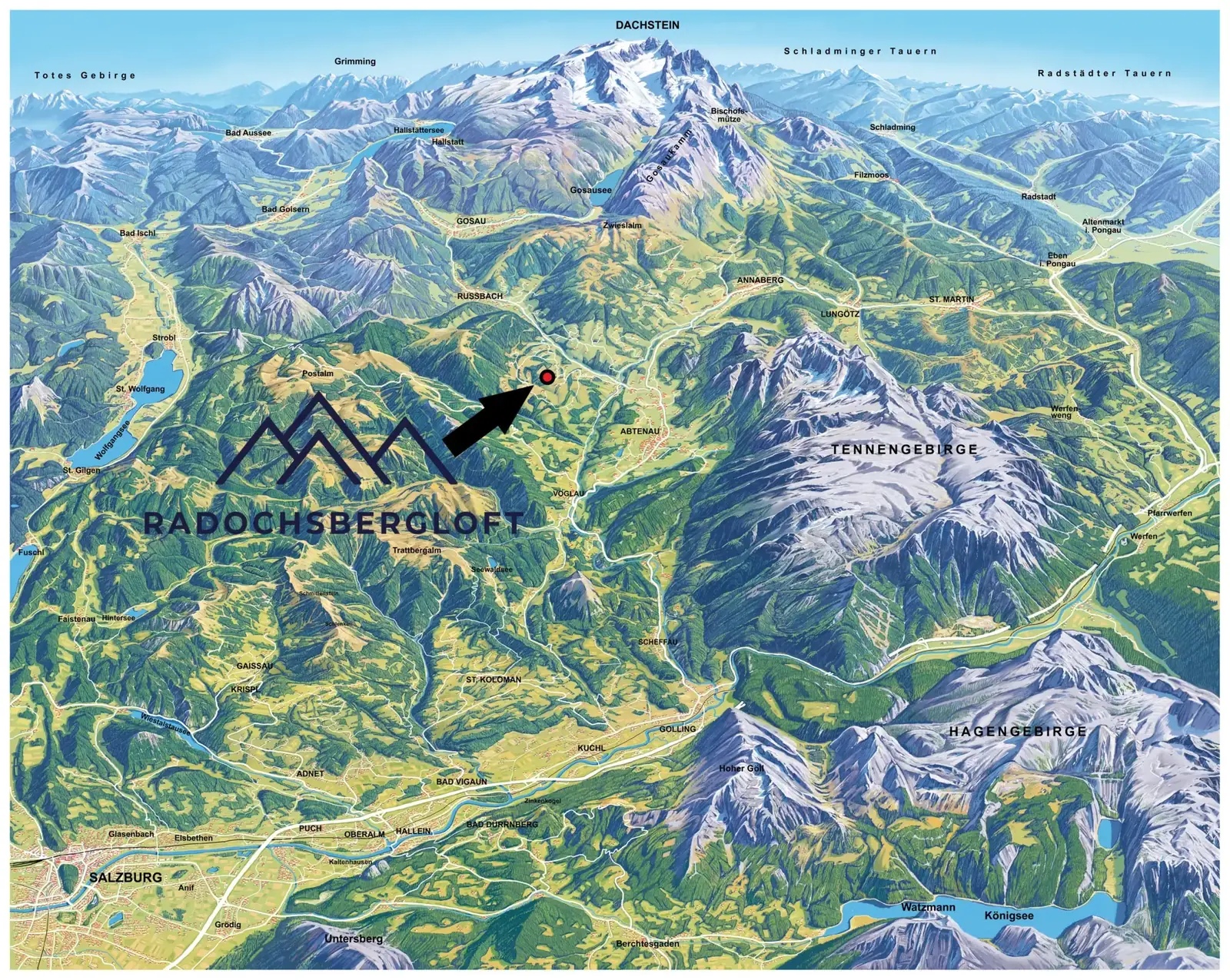 Gemalte Panoramakarte der Region mit Markierung des Radochsberglofts